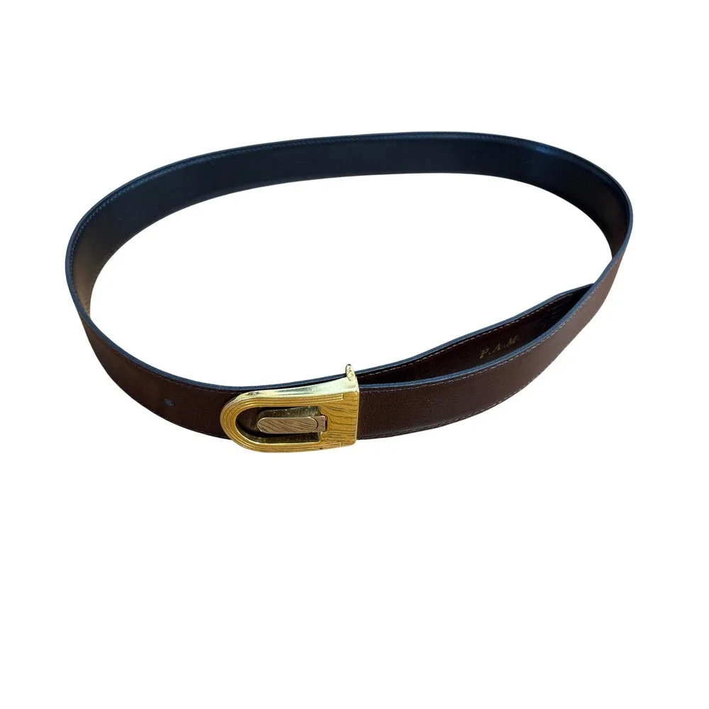 Misuri Italy Reversible Leather Belt Black Brown Gold Horseshoe Buckle Vintage